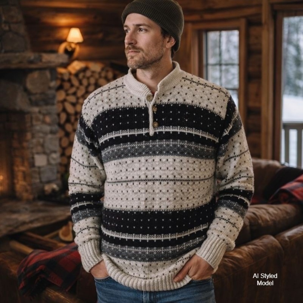 Great Lakes Recreation Vintage 90s Men's Large Nordic Henley‎ Knit Sweater